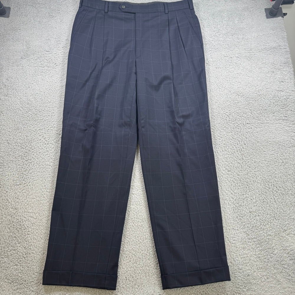 Brooks Brothers Mens 36x32 Navy Windowpane Plaid Wool Pleated Dress Pants Italy